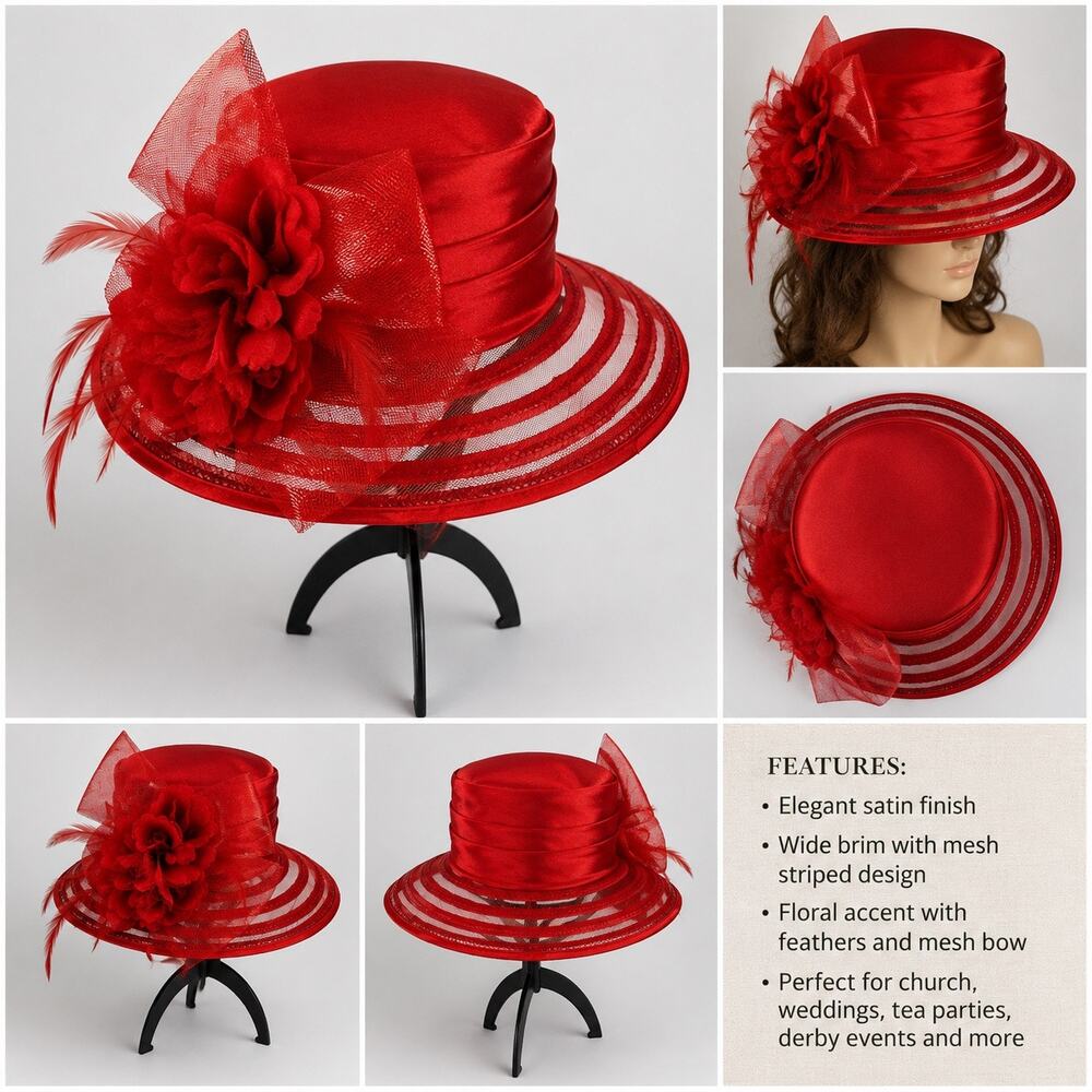 Red Hat Society Church Derby Hat Wide Brim Floral Feather Satin Womens Red